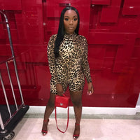 OMSJ 2019 High Quality Autumn Winter Bodycon Playsuits Fitness Casual Biker Jumpsuits Long Sleeve Leopard Print Stretch Rompers