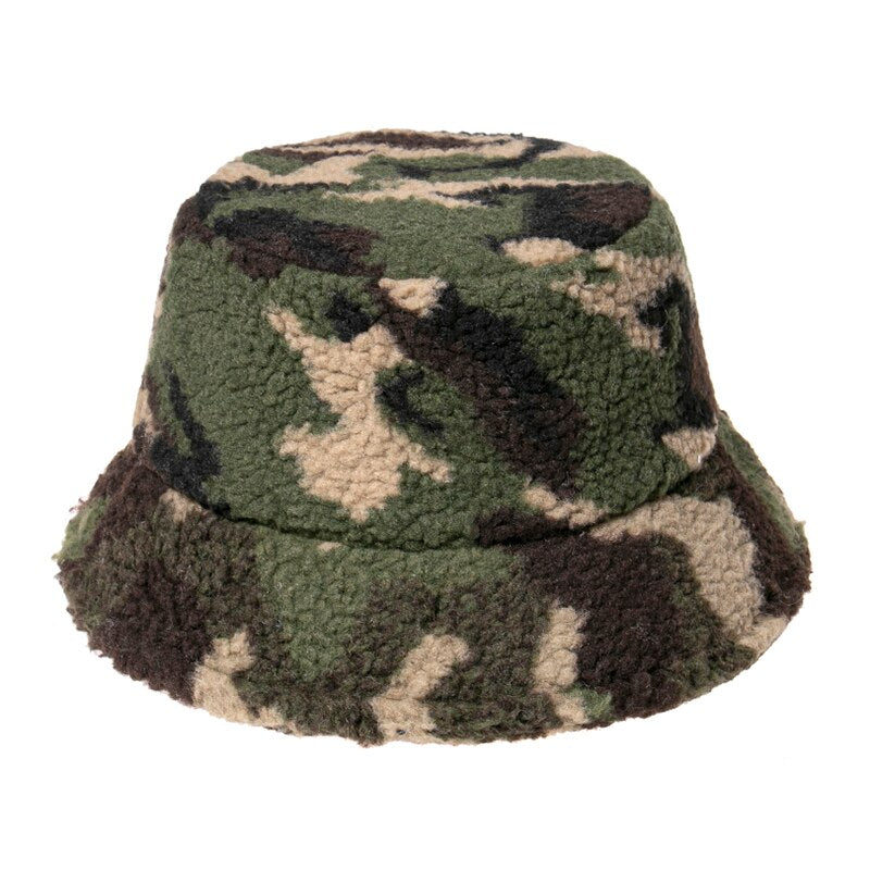 FOXMOTHER New Fashion Camo Warm Caps Wool Faux Fur Winter Bucket Hat for Women Camouflage Fisherman Hats Cap Panama Lady