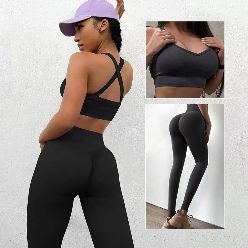 Women Seamless Suit Sportswear Sport Bra and Pants Booty Scrunch Tights Yoga Clothes High Elastic Gym Set Fitness Workout