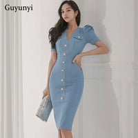 Office Lady Dress 2022 Summer High Waist Tight Dress V-Neck Puff Sleeve Decorated Single-Breasted Button Denim Dress