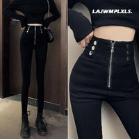 2022 Autumn Spring New Black leggings Casual Elastic High Waist stretch feet pants women's Metal Buttons was thin Pencil Pants