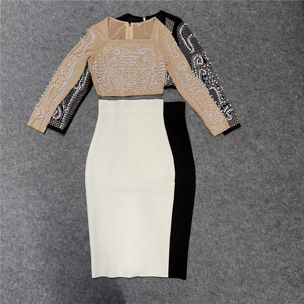 2021 New 2 Piece Set Beading Sexy Top Bandage Skirt Two Piece Sets Suits Women Autumn Winter Bodycon Clothes