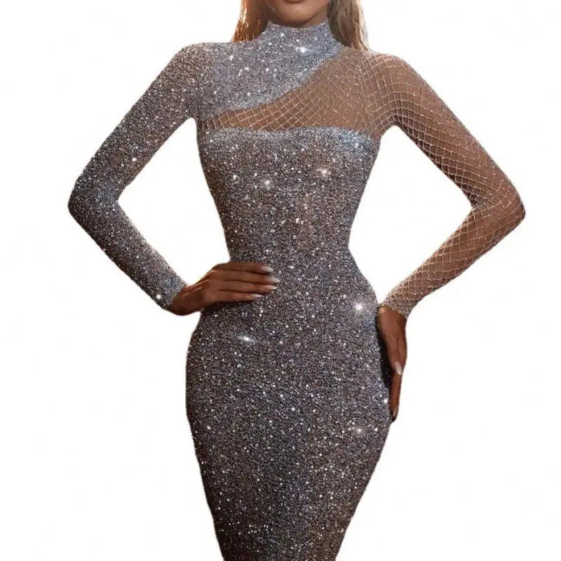 New Women's Satin Hollow Strapless Dress Round Neck Slim Temperament S-Shaped Sequin Crocheted Floor-Length Striped Pattern