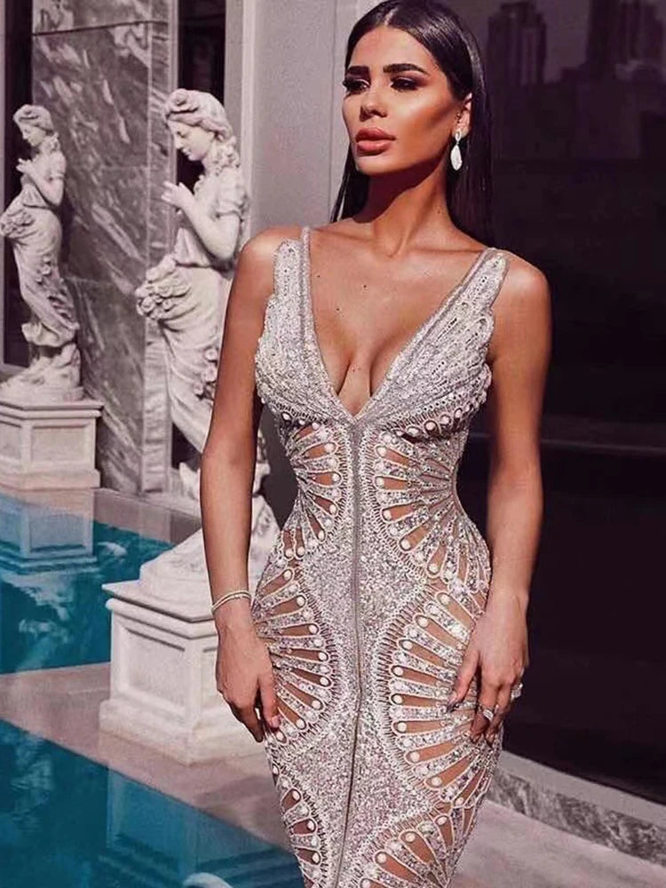 VC All Free Shipping Chic Silver Sequins Ruffles Design Sexy V Neck Backless Celebrity Party Club Maxi Long Slip Dress