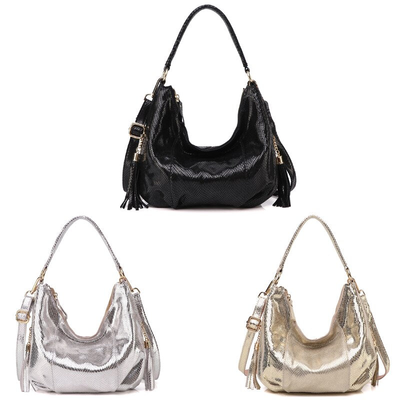 100% Real Leather Shoulder Bag Metallic Color Serpentine Embossed Handbag Female Casual Stylish Tote Hobos Cross Body Bags New