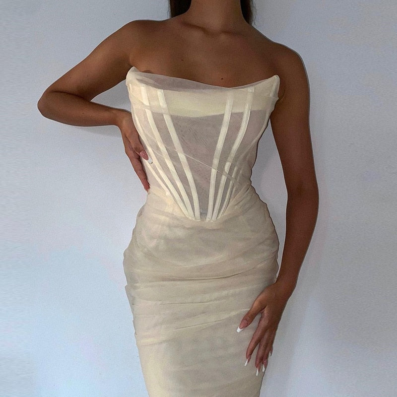 Cryptographic Elegant Corset Bustier Bone Ruched Mesh Midi Dresses Party Night Club Sexy Backless Strapless Summer Dress Bodycon