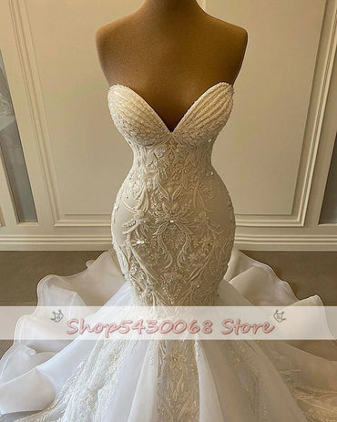 Sexy Sweetheart Mermaid African Wedding Dresses 2023 Luxury Beaded Embroidery Women White Organza Bridal Wedding Gowns