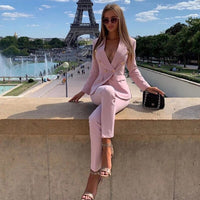 Drop Ship Pink Red Pants Suit Women Business Classic Gold Double Breasted Button Blazer Pants Two Piece Sets Formal Blazer Suits