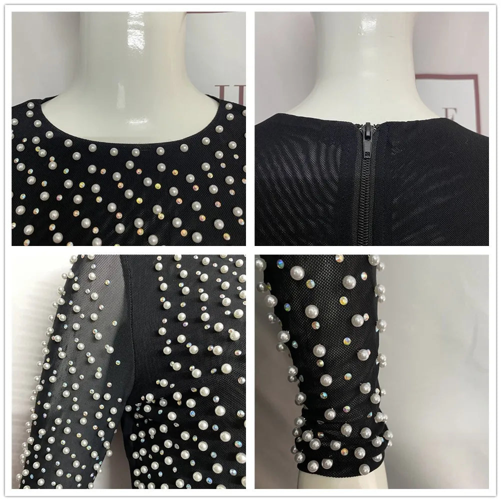 Women 2 Piece Set Sexy Beading Top Bodycon Bandage Skirt Sets Suits Lady Autumn Clothes Two Piece Sets