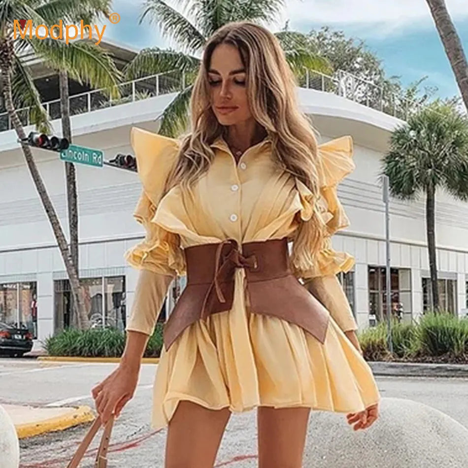 2021 New Autumn Fashion Women Ruffles Lantern Full Sleeves Pleated Single Breasted Turn-Down Collar Shirt Dress And Bundle