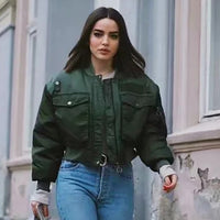 2020 stylish lady autumn winter green short jackets  zipper bomber jacket outwear