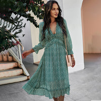 Boho Summer Dress Women 2022 Ruffles Print V Neck Chiffon Midi Dress Wrist Flare Sleeve Empire Holiday Beach Dresses Woman