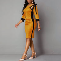 Elegant Sexy Hollow Out Lace Up Party Dresses for Women 3/4 Sleeve Velvet Patchwork Office Lady Bodycon Tunic Dress Vestidos