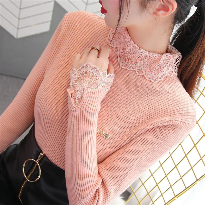 New Patchwork Lace Sweater Women Autumn Women Long Sleeve Jumper Blue Sweaters Casual Ladies Knitted Pullover Pull Femme P306