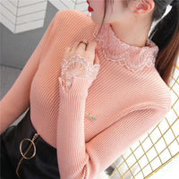 New Patchwork Lace Sweater Women Autumn Women Long Sleeve Jumper Blue Sweaters Casual Ladies Knitted Pullover Pull Femme P306