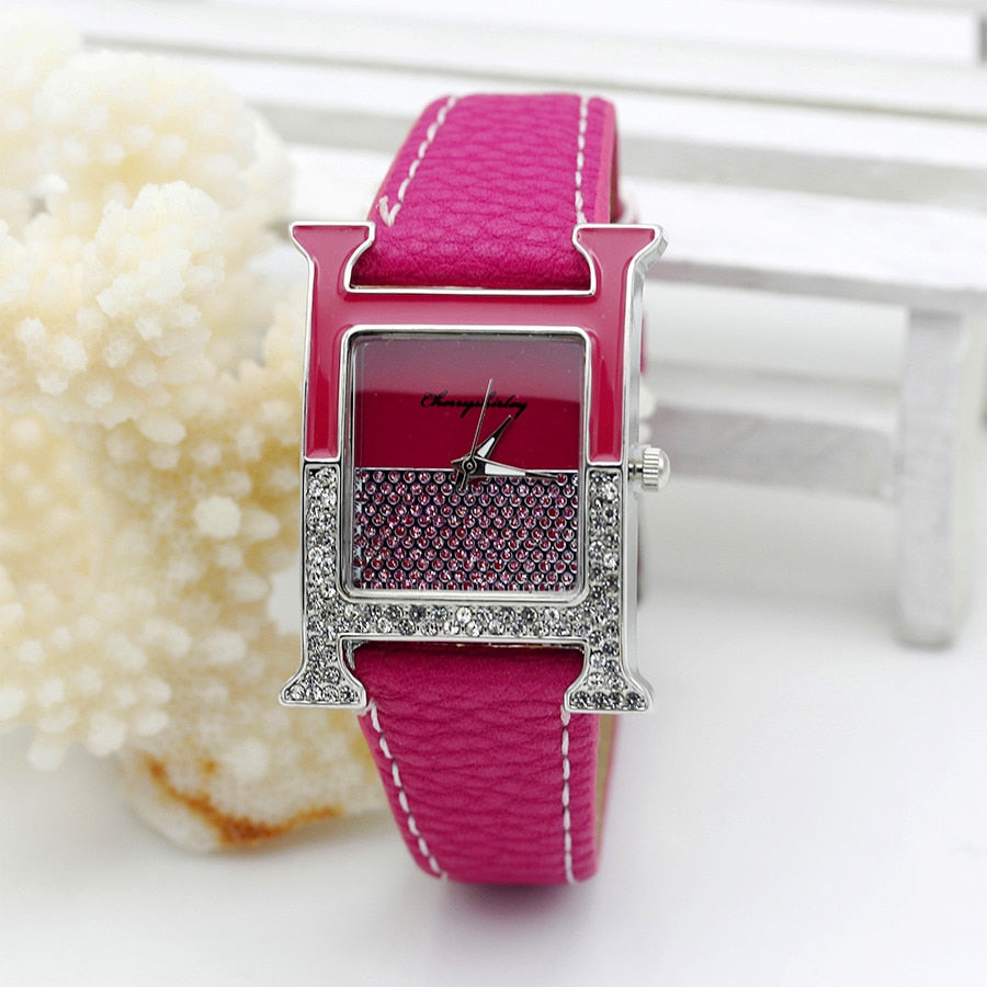 Casual Female Square Shaped WristWatch Leather Paint Rhinestone Designer Ladies Clock Women Dress Luxury Quartz Crystal Watch