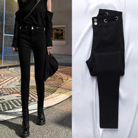 2022 Autumn Spring New Black leggings Casual Elastic High Waist stretch feet pants women's Metal Buttons was thin Pencil Pants