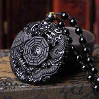 Natural Black Synthetic Obsidian Hand Carved Chinese Dragon Phoenix BaGua Lucky Amulet Peace Mascot Pendant Necklace For Women