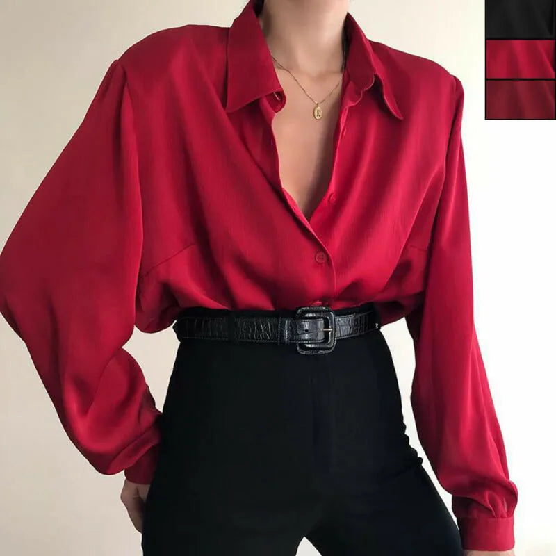 Women Button Blouses Turn Down Collar Shirts Office Lady Long Sleeve Casual Blouse Loose OL Shirt Baggy Tops Red/Wine Red /Black