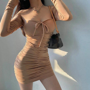 TVVOVVIN Sexy Tight Thin One Shoulder Strapless Lace Up Pleated Buttocks Long Sleeve Dress Short Hot Fashion Korean Tops F9DO