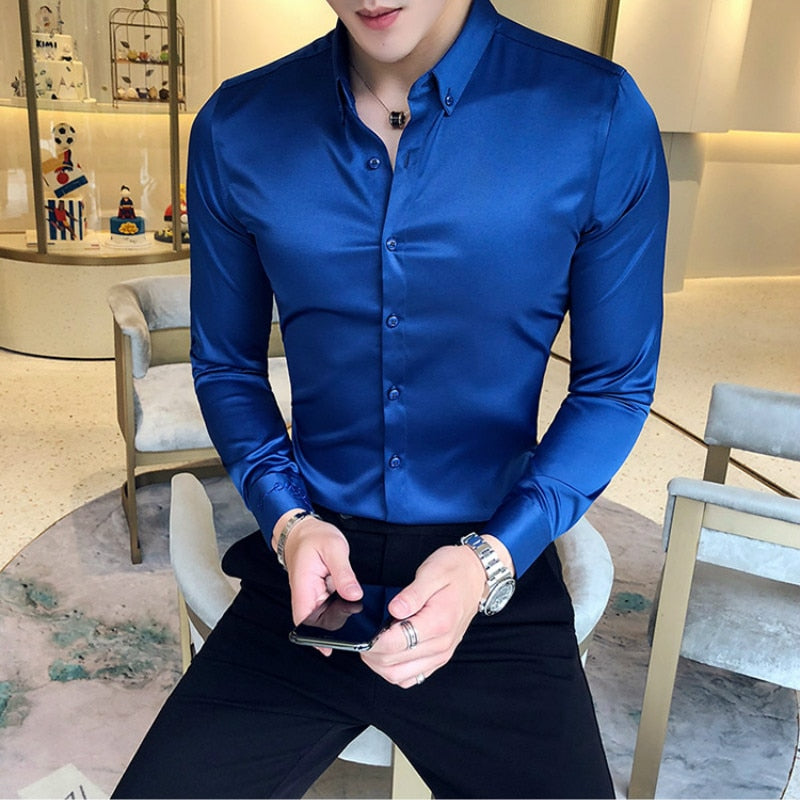 Neckline Embroidery Mens Shirts Long Sleeve Casual Slim Fit Men Dress Shirts Solid Color Formal Business Social Clothing Blouse