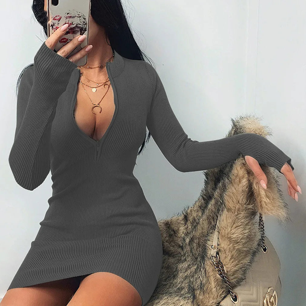 Sexy Zipper Bodycon Dress Elegant Long Sleeve Finger Hole Knitting Mini Dress Vintage Harajuku Sweater Dress Casual Clubwear
