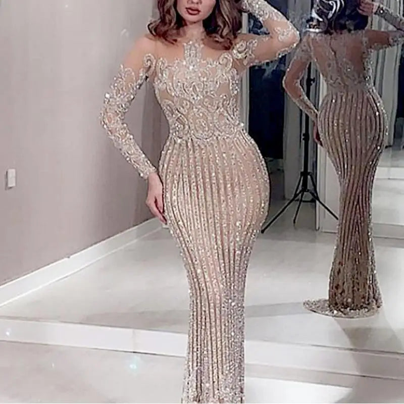 Latest design mesh see-through lace sequin elegant sexy maxi length celebrity party evening dresses