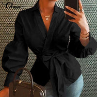 Celmia 2023 Fashion Women Blouse Elegant Lantern Sleeve Tunic Shirts Summer Casual Belted Solid Sexy V-Neck Tops Elegant Blusas