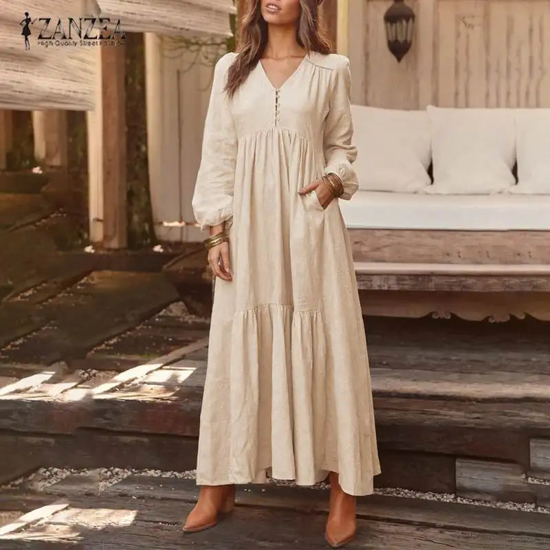 2023 ZANZEA Women Long Maxi Dress Casual Long Sleeve Pleated Dress Pockets Buttons V Neck Party Vestidos Cotton Bohemian Dresses