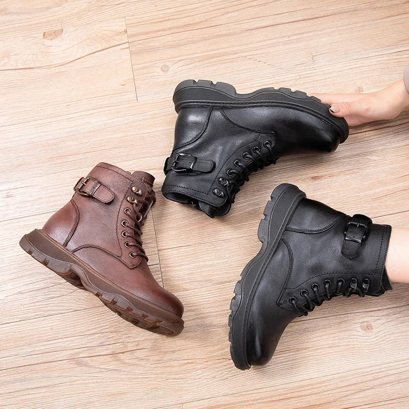 Women's Genuine Leather Ankle Boots Women Autumn Winter Lace Up Vintage Women Punk Boots Flat Ladies Shoes Woman Botas Mujer