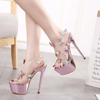 Brand Women Sandals Summer 16CM Thin High Heels PVC Buckle Strap Open Toed waterproof Butterfly-knot fashion Dress women shoes