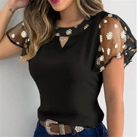 Women Ruffles Short Sleeve T-Shirt Summer Fashion Casual Flower Embroidery Cutout Mesh Sheer Tops Slim Vintage Pullover Tee