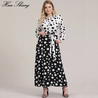 5XL Plus Size Dress Women 2019 Autumn Long Sleeve Polka Dot Print Shirt Dress White And Black Contrast Color Maxi Long Dresses