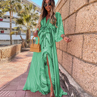 Elegant Deep V Neck Printing Hem Maxi Dresses Women Casual Button Elastic Waist Long Party Dress Summer Loose Slit Beach Dress