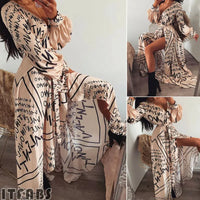 Fashion Women Boho Long Sleeve Maxi Dress V-Neck Letter Thigh Slit Evening Stylish Party Beach Dresses