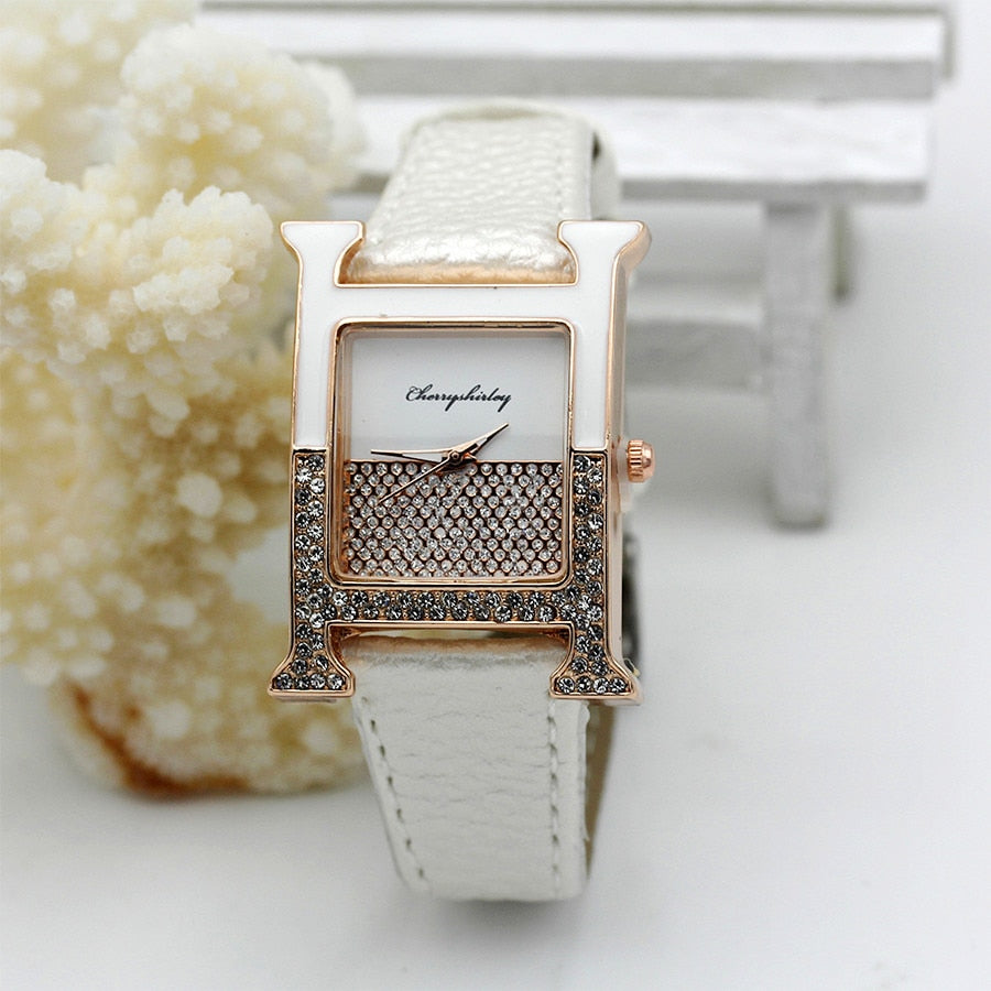 Casual Female Square Shaped WristWatch Leather Paint Rhinestone Designer Ladies Clock Women Dress Luxury Quartz Crystal Watch