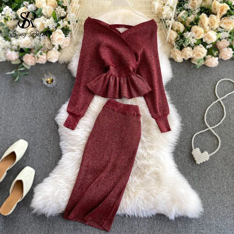 SINGRAIN Autumn Women Shiny Knitting Skirts Sets Lurex Ruffles Long Sleeves Wool Warm Sweater knitted Two Pieces Set Women