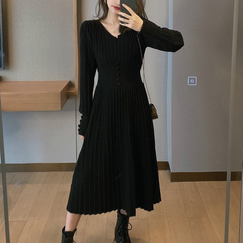 Knitted Dress Women Casual Long Sleeve Vintage Elegant Office Sweater Dress Female 2021 Autumn One Piece Dress Korean Outerwear