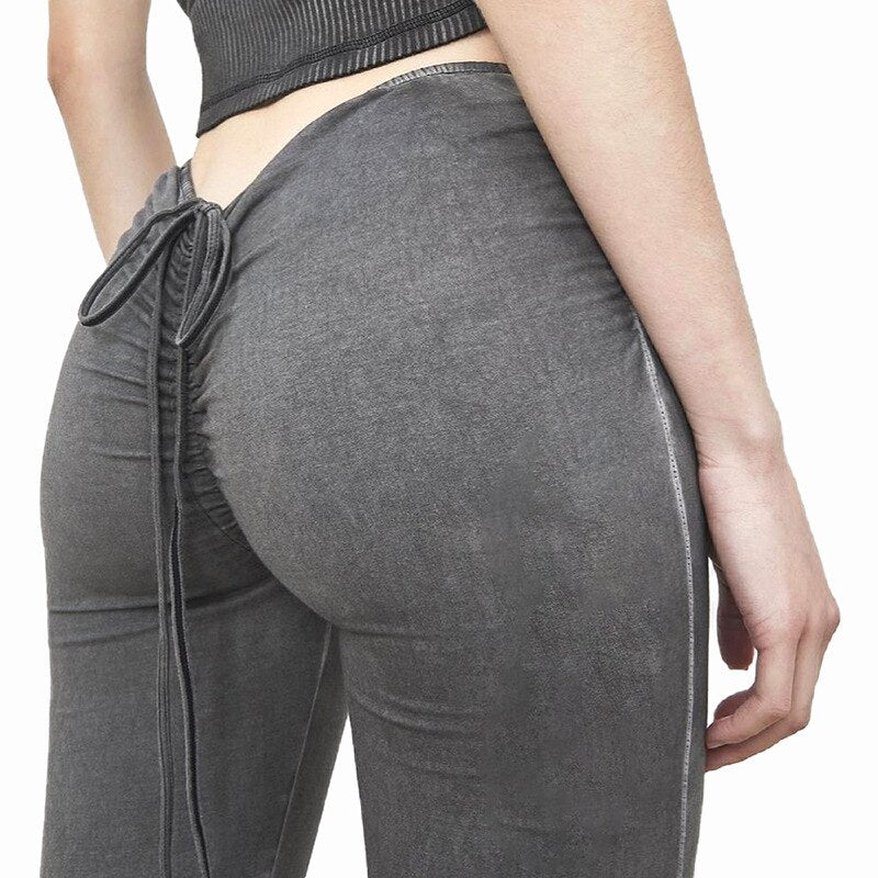 Y2K Low Waist Flare Pants Women Drawstring Ruched Long Trousers Elastic Casual Streetwear Fashion Bandage Bottoms