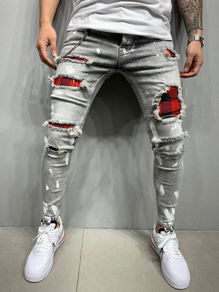 Men's Skinny Ripped Jeans Fashion Grid Beggar Patches Slim Fit Stretch Casual Denim Pencil Pants Painting Jogging Trousers Men