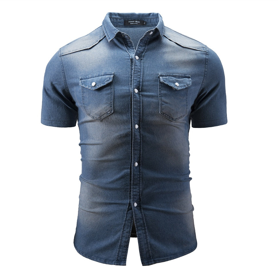 Fashion Lapel Denim Shirt 2020 Designer Short-sleeved Men's Blue Slim and Old Washed Denim Shirt Plus Size Jacket 3XL