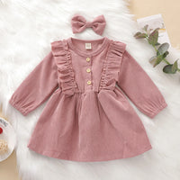 FOCUSNORM 0-6Y Autumn Infant Baby Girls Dress Headband 2pcs Solid Ruffles Long Sleeve Bowknot Button A-Line Dress 4 Colors