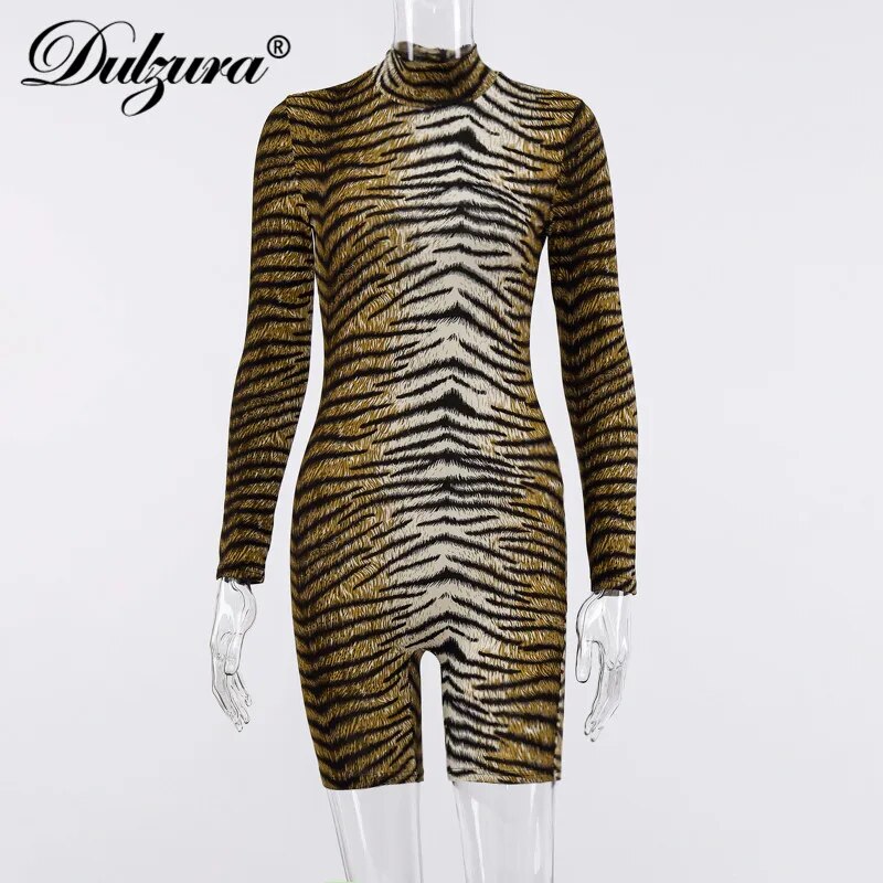 Dulzura women playsuit animal print leopard tiger bodycon streetwear clubwear sexy outfit clothes body romper 2019 autumn winter