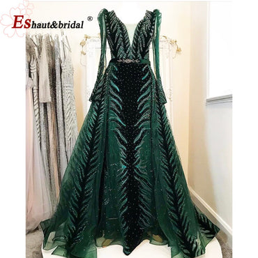 Elegant Mermaid Evening Night Dress for Women 2023 V-Neck Long Sleeves Velvet Crystal Plus Size Formal Wedding Prom Party Gowns