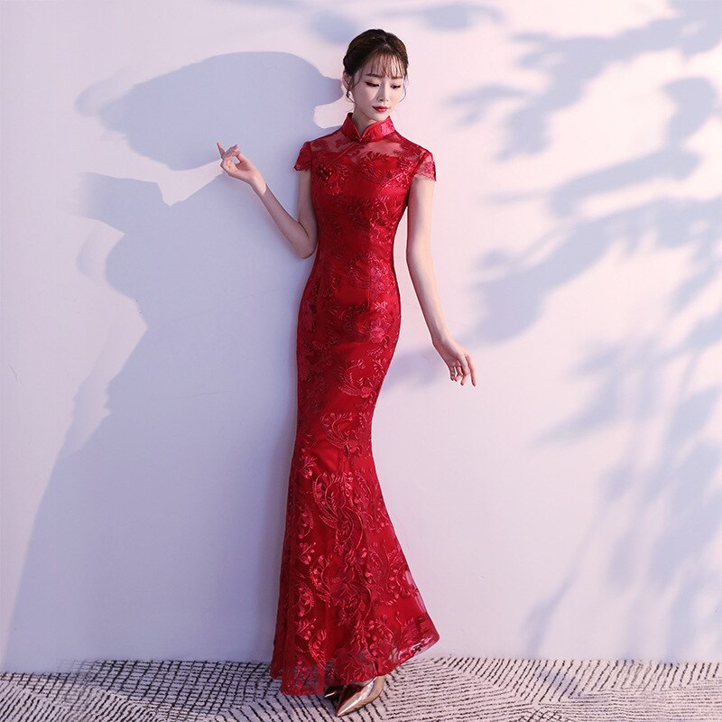 Lace Mermaid Chinese Style Lady Cheongsam Long Tight Elegant Dress Big Size 3XL Vestidso Vintage Red Bride Wedding Qipao S-203