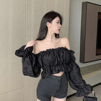 Blouse Women Sexy Trendy Slash Collar Autumn Folds Jacquard Stylish Long Sleeve Female Feminine Party Street Korean Style Crop