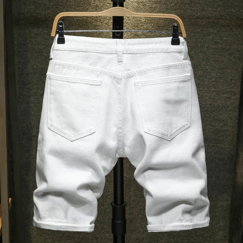 new White jeans shorts men Ripped Hole Frayed Knee length classic simple Fashion Casual Slim Denim shorts Male high quality