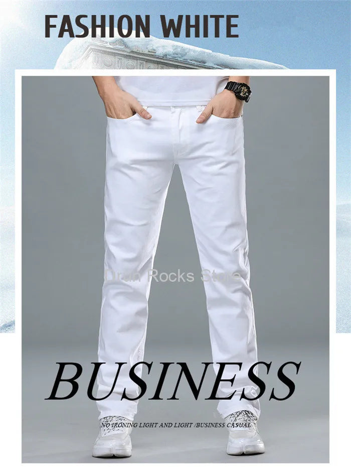 White Jeans Men Plus Size 36 38 40 Loose Oversized Red Trousers Stretched Denim Mens Casual Slim Fit Straight Elastic Man Pant