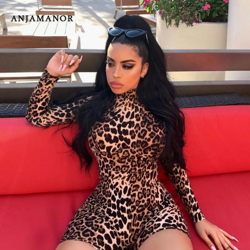 ANJAMANOR Cheetah Print Sexy Rompers Playsuit Fall Clothes for Women Clubwear High Neck Long Sleeve Bodycon Jumpsuit D70-BD18