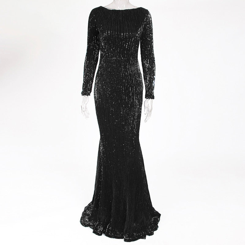 Enenthelabel O Neck Full Sleeved Maxi Dress Stretch Sequined Floor Length Evening Party Dress